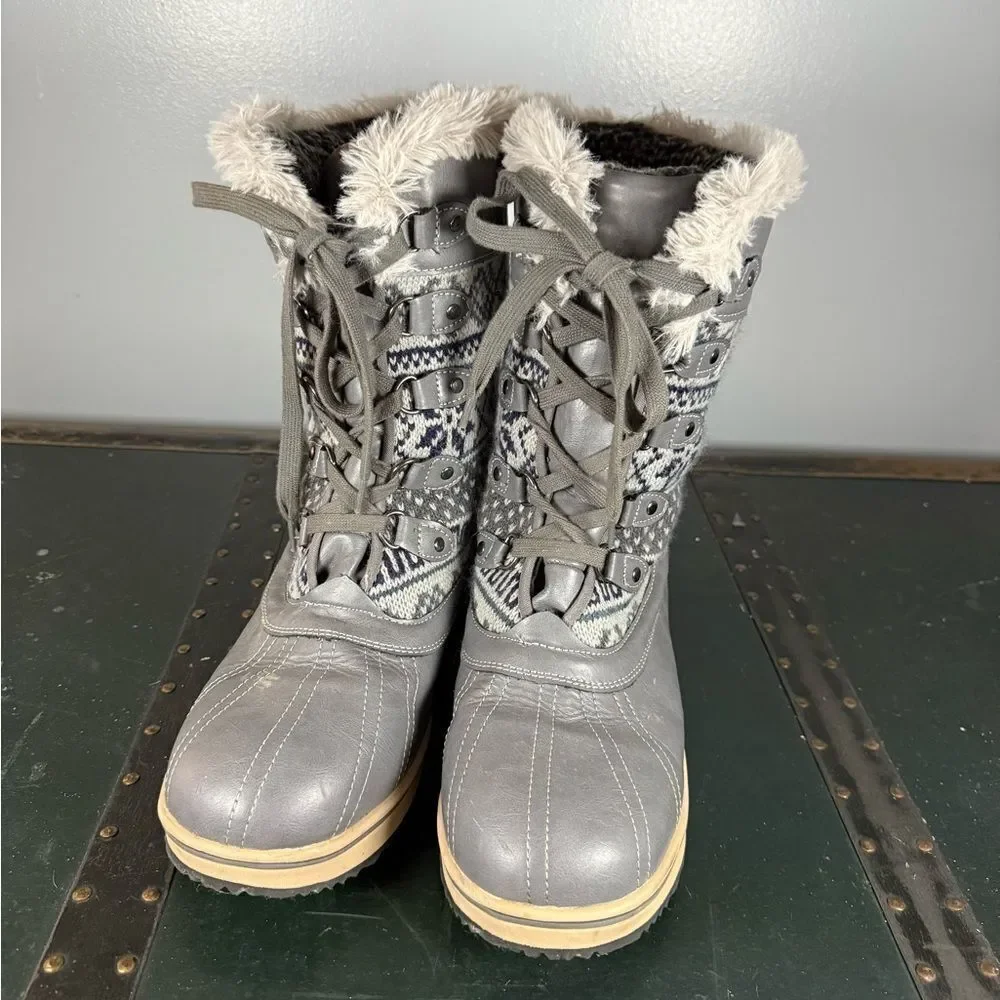 Muk  Luk Snow Winter Boots Gray Women's Sz 11 Fair Isle Print Faux Fur